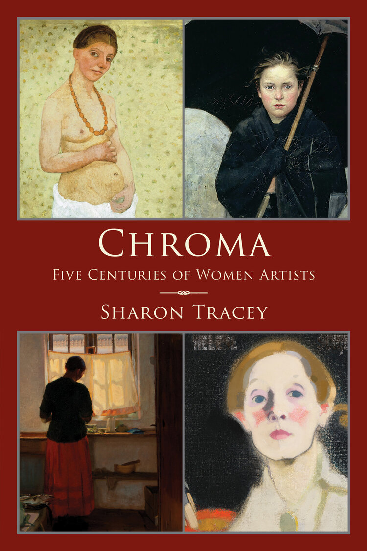 A red book cover with the text "Chroma Five Centuries of Women" and 4 paintings